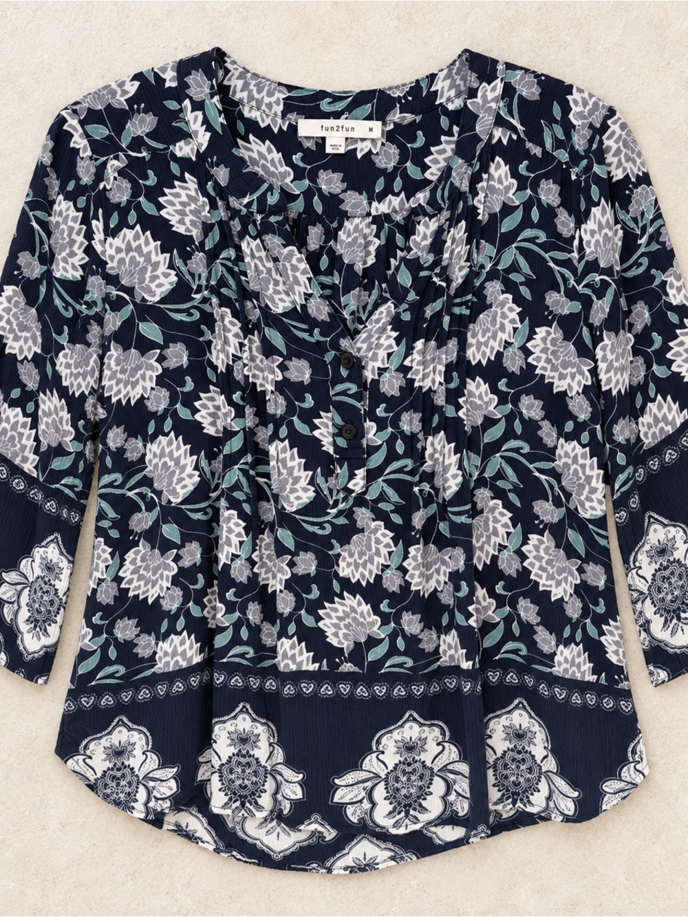 fun 2 fun Navy Floral Pleated V-Detail Blouse